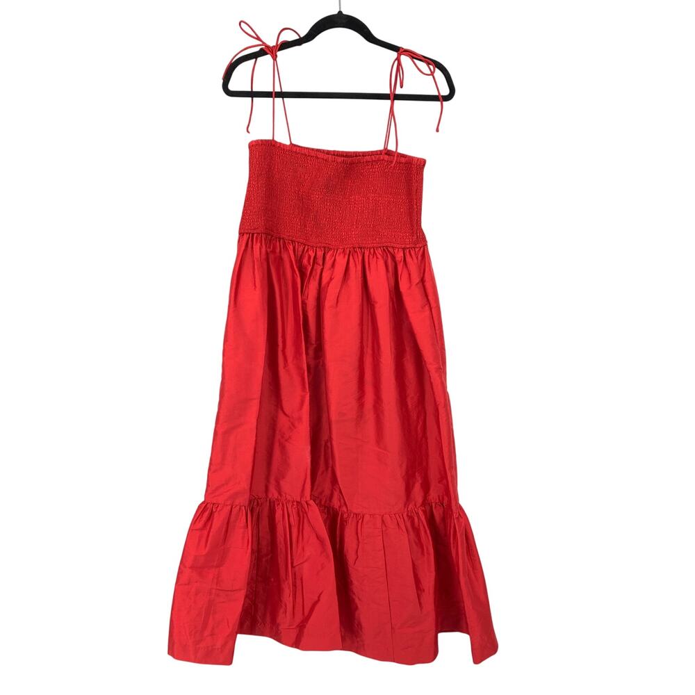 Dhruv Kapoor Anthropologie Cerise Red Smocked Midi Dress Tie Strap Tiered Sz M